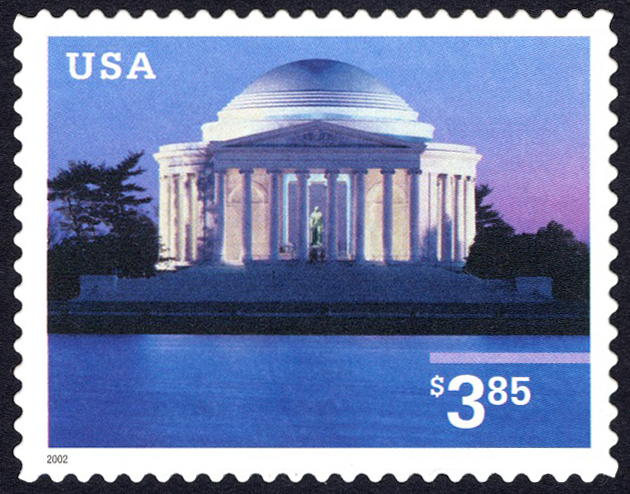 3.85-dollar stamp featuring the Jefferson Memorial illuminated at night and the Tidal Basin in the foreground