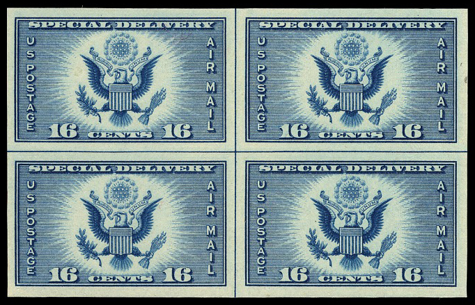 Envío especial de correo aéreo Gran sello de los Estados Unidos de 16 centavos bloque de cuatro en la línea central