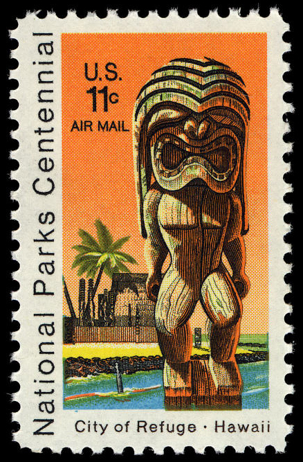 11 cent National Parks Centennial stamp portraying a statute of Ki’i, an ancient god of the Hawaiian people