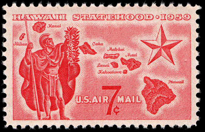 Hawaii Statehood stamp featuring King Kamehameha I and a map of Hawaii