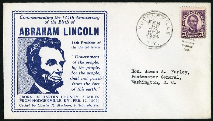 Sello de Lincoln de 3 centavos en la portada del evento de cumpleaños de Lincoln