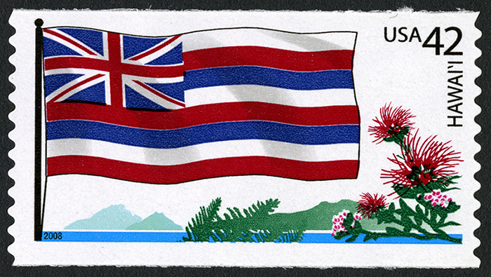 42 cent stamp featuring the Hawaii flag and plants