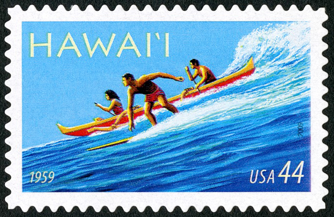 Stamp with illustration of a surfer and an outrigger canoe on an ocean wave