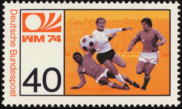 Le timbre 40pf des Trois footballeurs