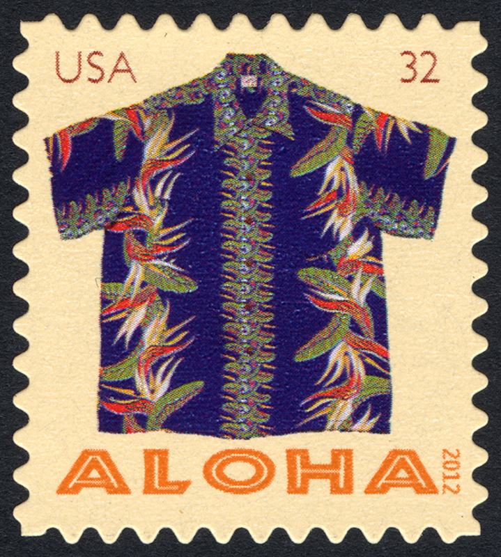 Aloha stamp featuring a short sleeve, button down Hawaiian shirt