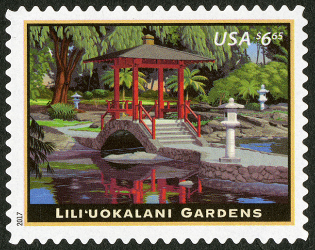 stamp featuring a pagoda in the Lili’uokalani Gardens