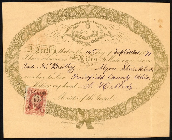 5-cent Documentary Inland Exchange revenue stamp single on marriage certificate