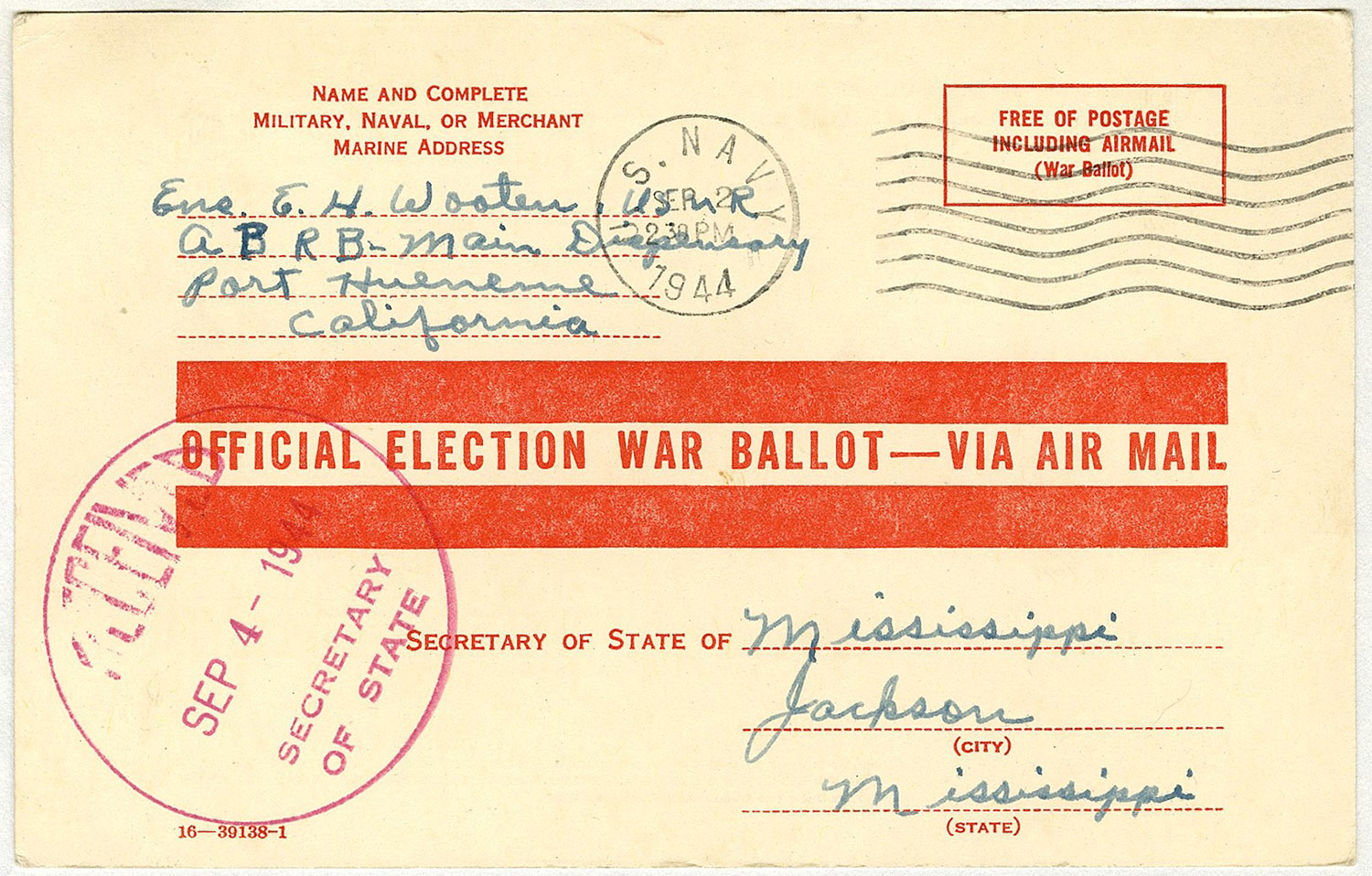 Postcard printed in red with “Official Election War Ballot Via Air Mail” and addressed by hand.