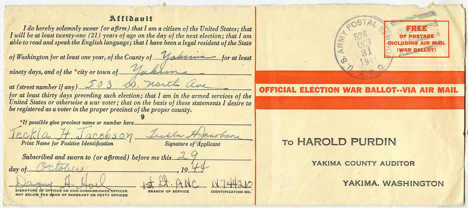 Front of envelope with “Official Election War Ballot Via Air Mail” printed in red and election oath signed by hand.