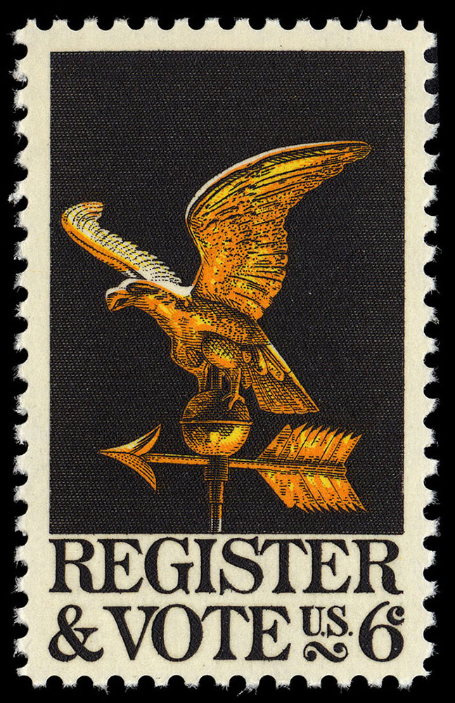 US postage stamp with text “register and vote” below an image of a brass weathervane with an eagle.