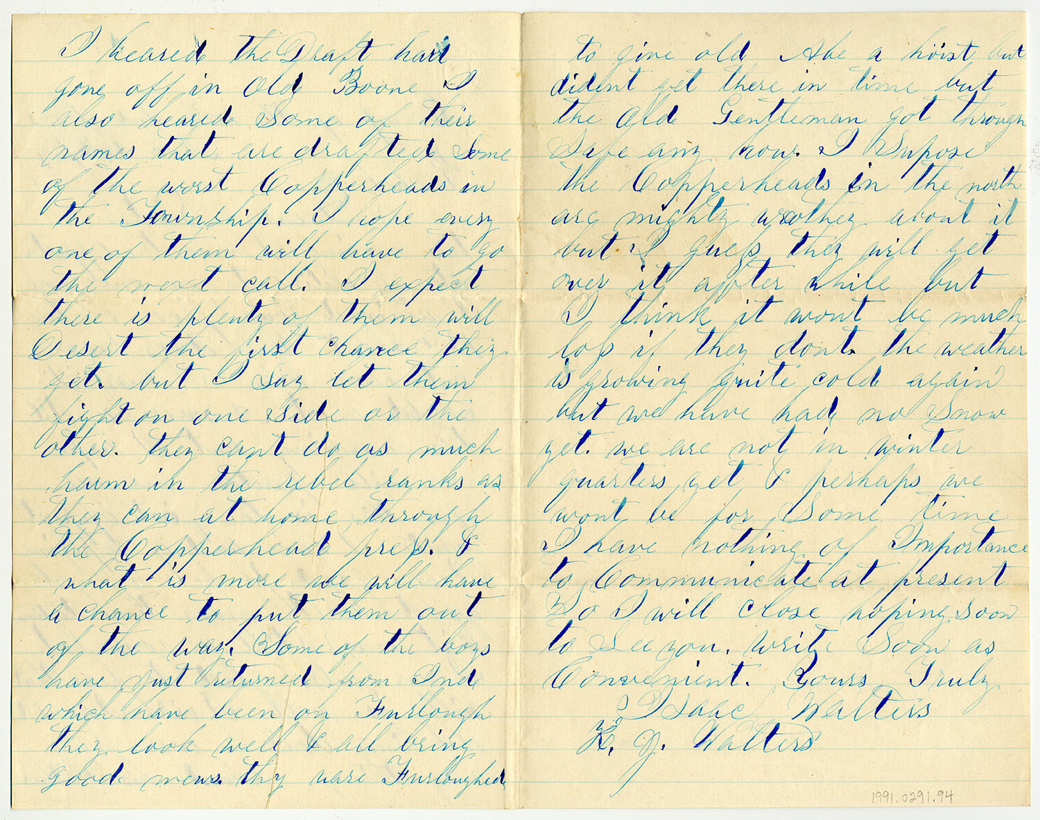 Unfolded letter handwritten in cursive with blue ink on lined paper.