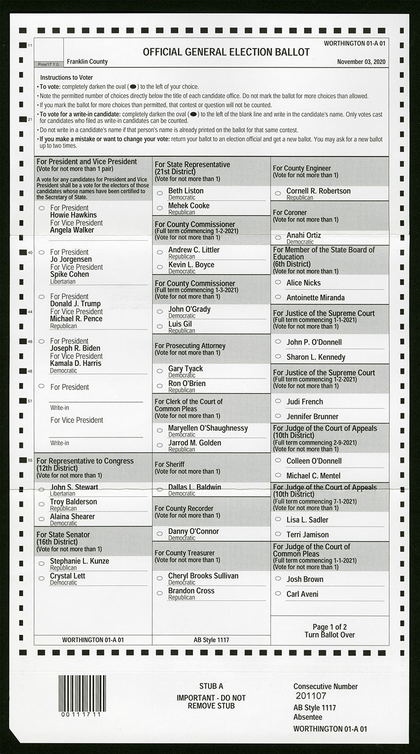 Unused official general election ballot sheet with several electoral races listed.