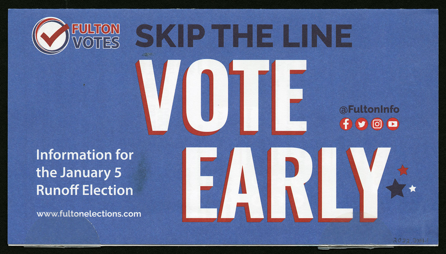 Front of a folded mail item that reads “Skip the line vote early” and “Information for the January 5 runoff election.”