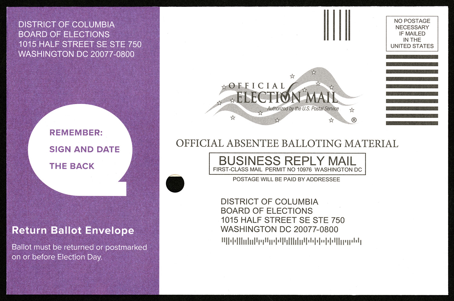 Unused, business reply envelope with the official election mail logo in the center top.