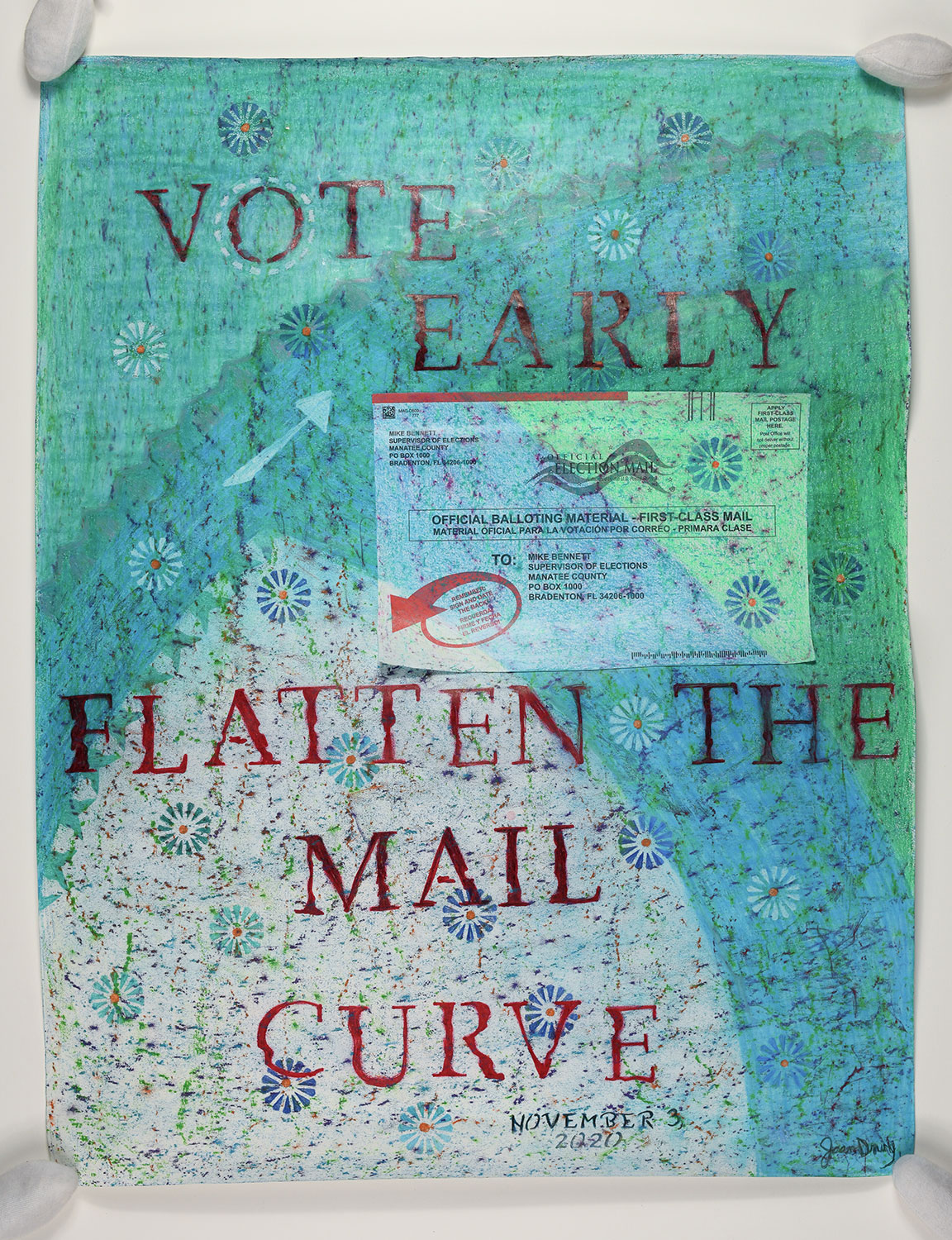 Artwork combining text, flower illustrations, and official ballot material.