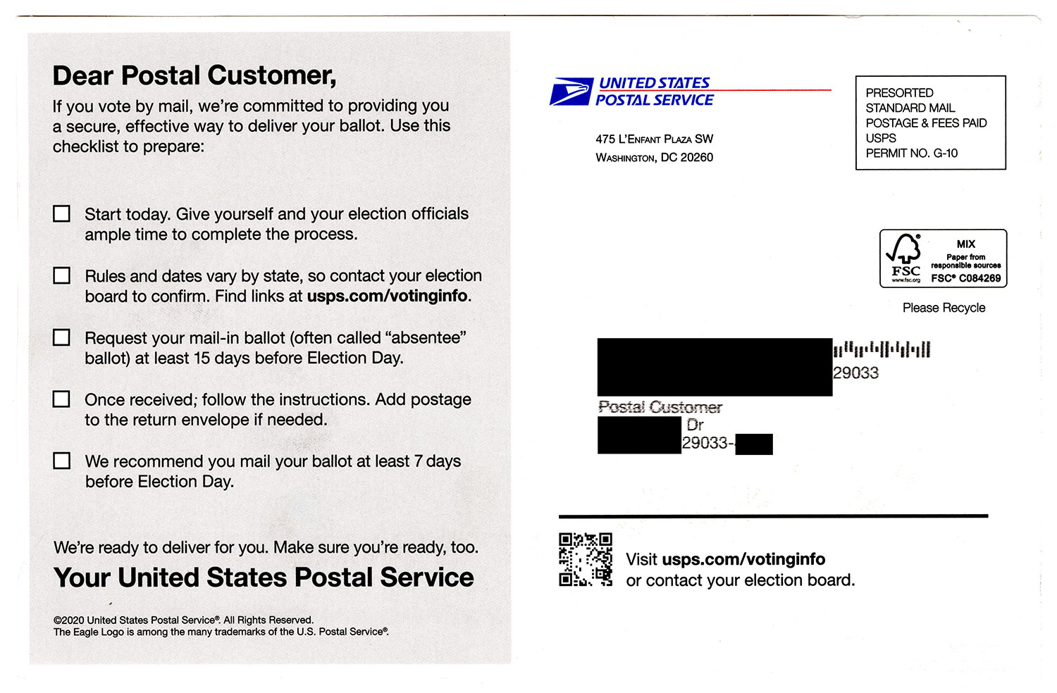 Mailed informational card printed with “Dear Postal Customer” and tips for voting by mail.