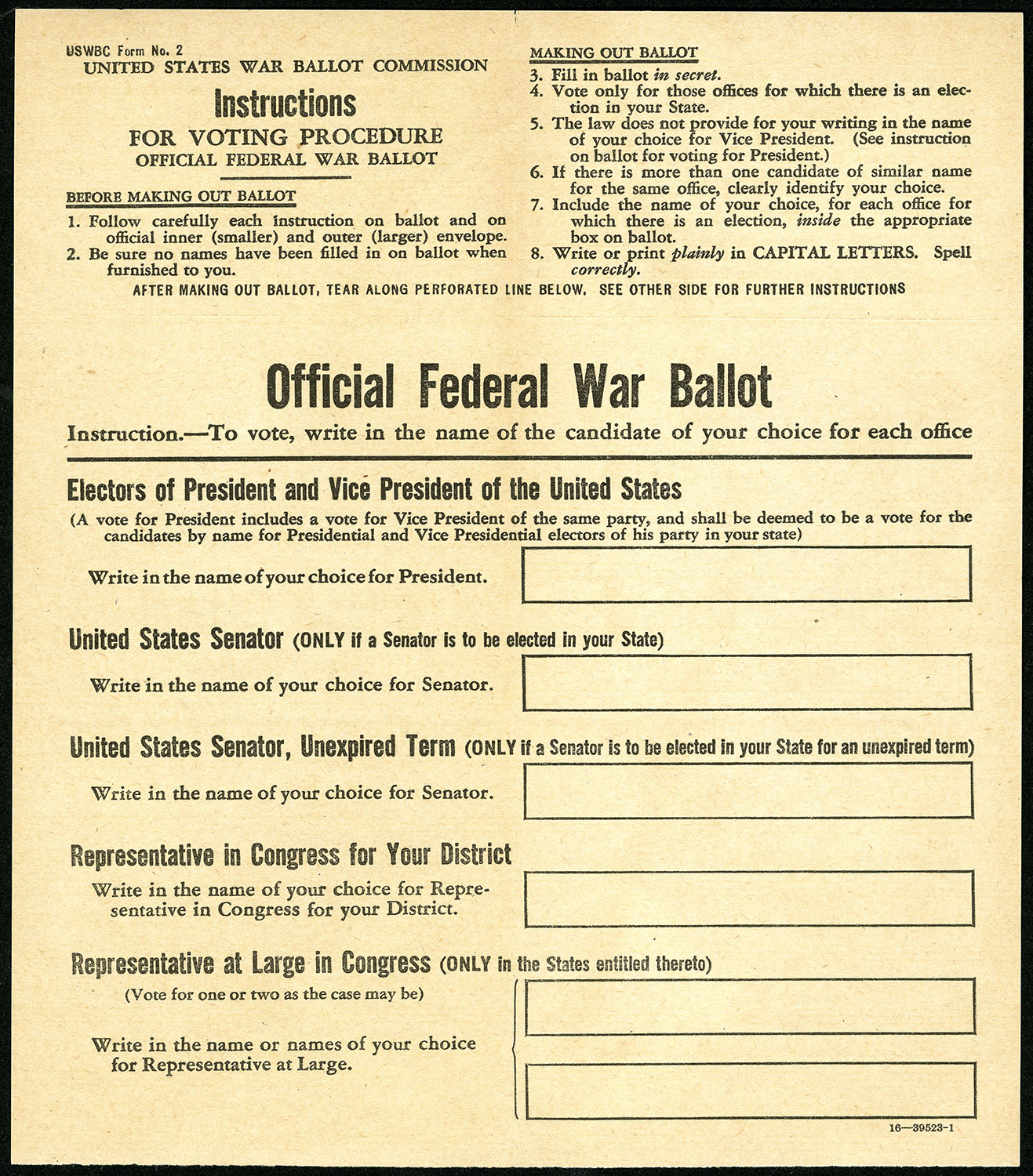 Unused form titled “Official Federal War Ballot.”