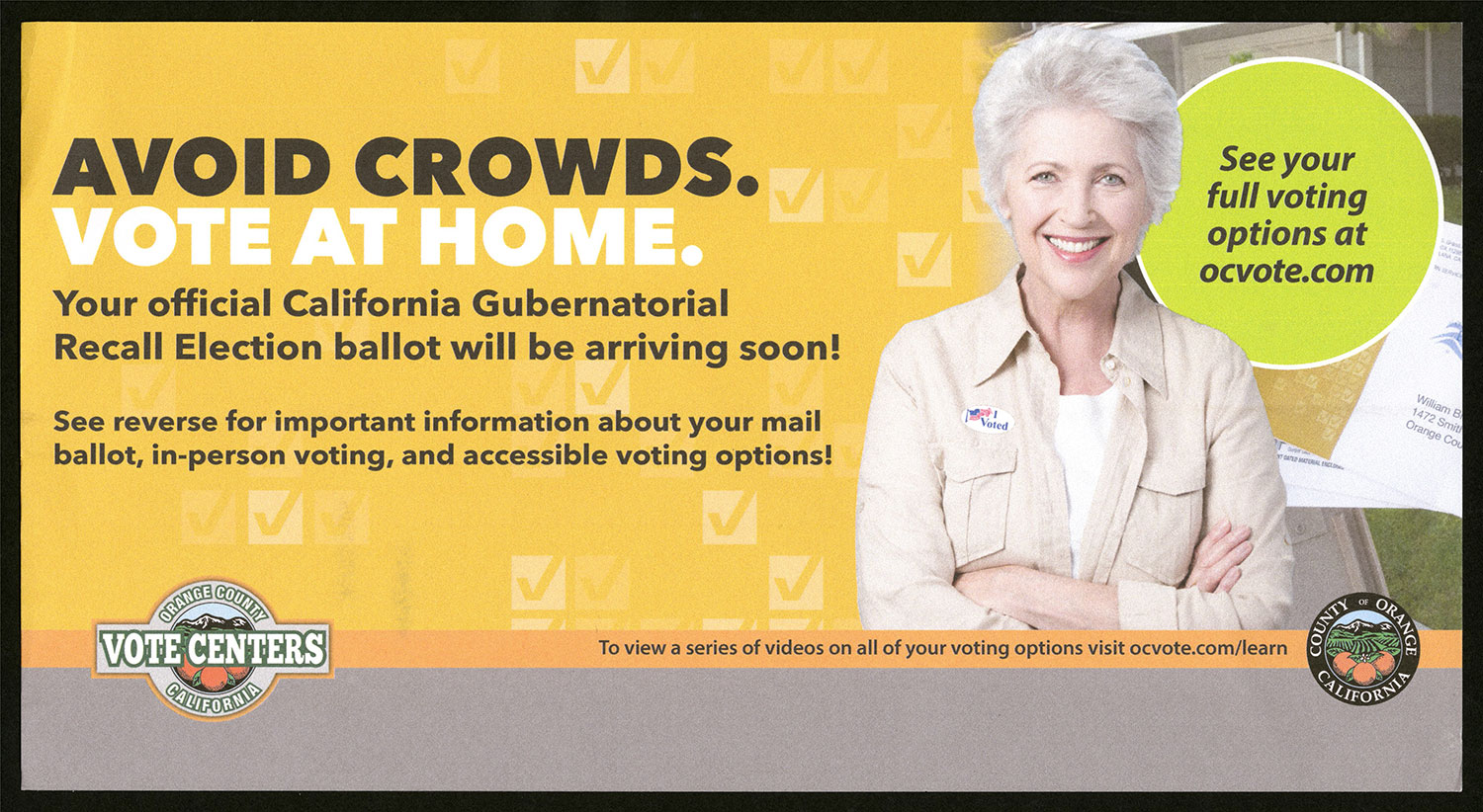 A flat card with an image of an older, light-complexioned woman with crossed arms to the right of a printed message “Avoid crowds. Vote at Home.”