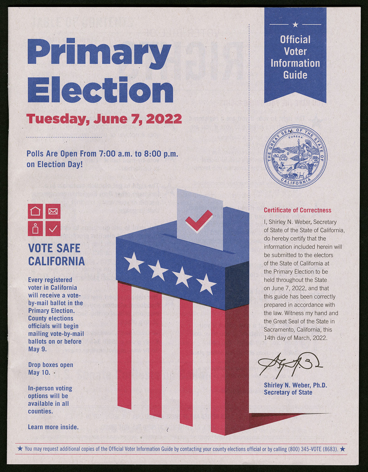 Booklet titled “Primary Election” with voter instructions and a graphic of a ballot box decorated with red and white stripes and white stars on a blue field.