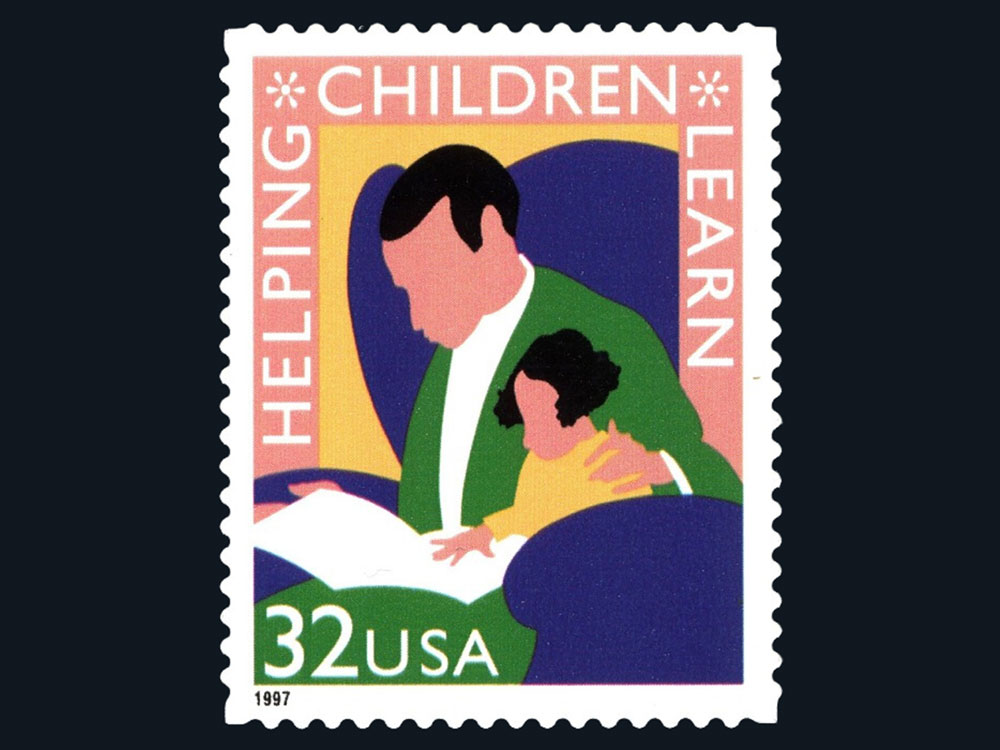 A 1997 postage stamp with an illustration of an adult and child sitting and reading together.