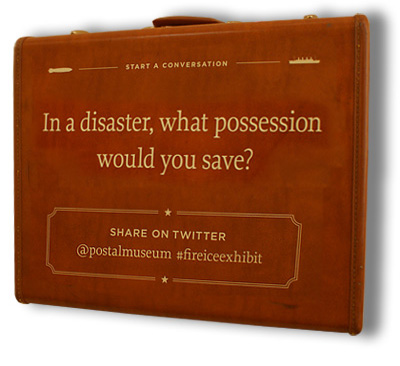A suitcase with the text: In a disaster, what possession would you save? Share on Twitter.