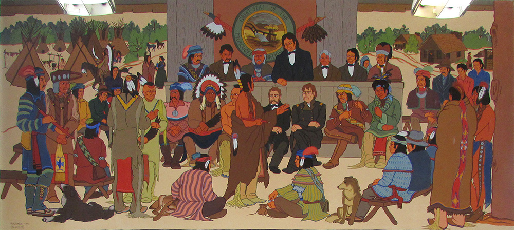 A meeting of about 30 people holding a meeting. Representatives from 17 tribes are present, along with General Zachary Taylor of Ft. Gibson and Creek Indian agent James Logan.