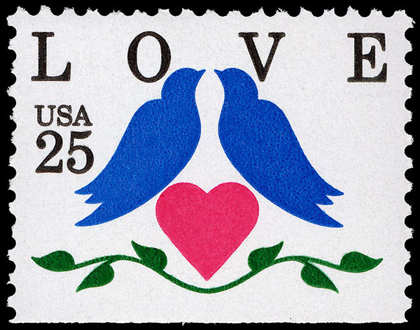 25-cent Love stamp showing two birds and a heart on a branch
