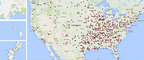 US map showing dots on work locations