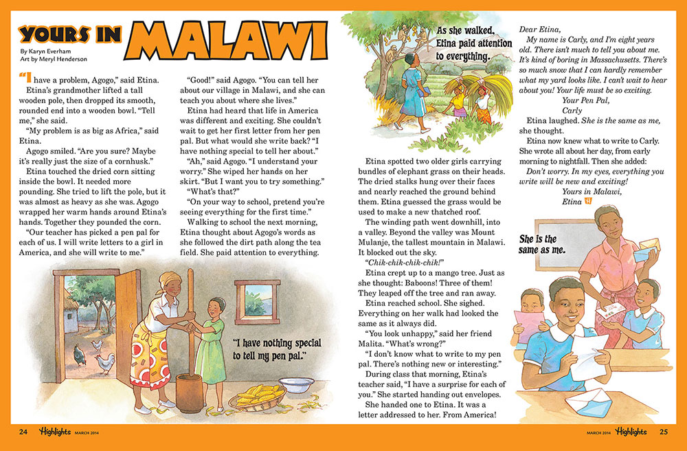 Page in Highlights magazine entitled 'Yours in Malawi'