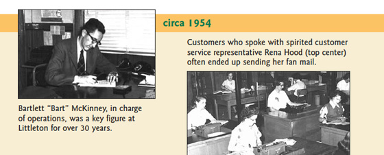 circa 1954: Bartlett ‘Bart’ McKinney, in charge of operations, was a key figure at Littleton for over 30 years. Customers who spoke with spirited customer service representative Rena Hood (top center) often ended up sending her fan mail.