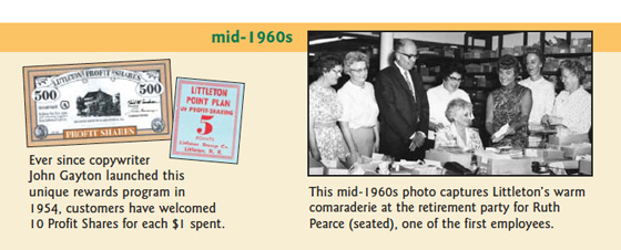 circa 1960: Ever since copywriter John Gayton launched this unique rewards program in 1954, customers have welcomed 10 Profit Shares for each $1 spent. This mid-1960s photo captures Littleton’s warm camaraderie at the retirement party for Ruth Pearce (seated), one of the first employees.