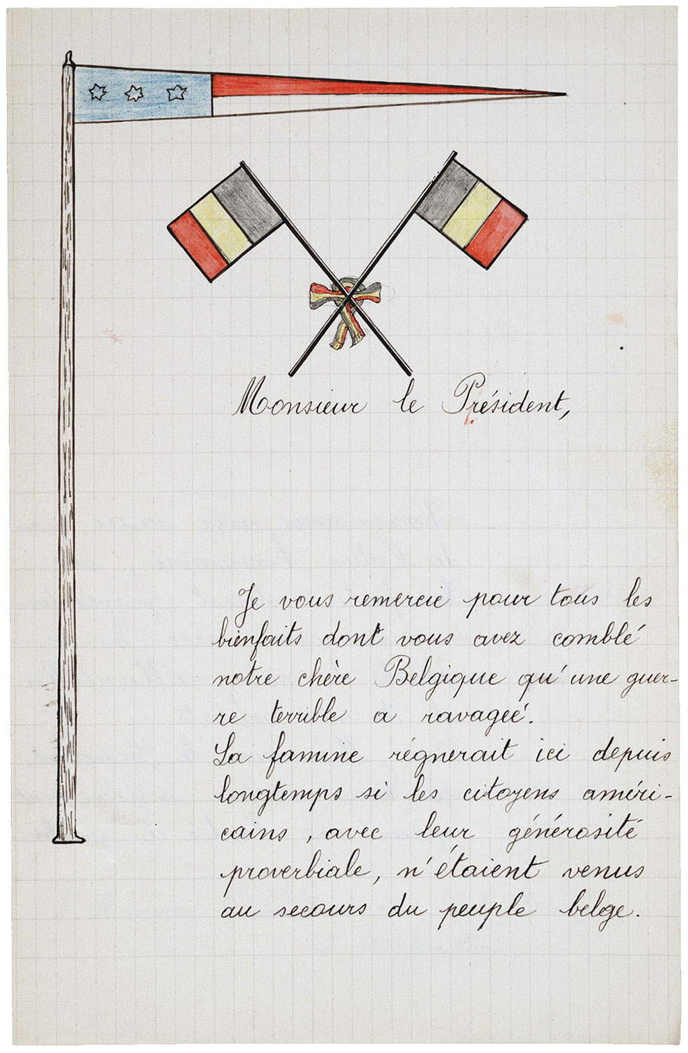 one page of a hand-written letter with a drawing of three flags