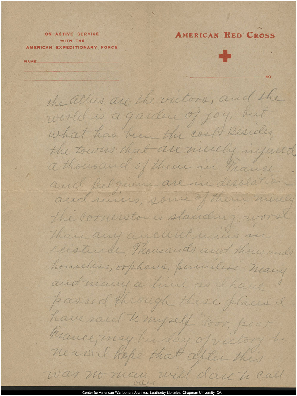 one page of a hand-written letter on Red Cross letterhead