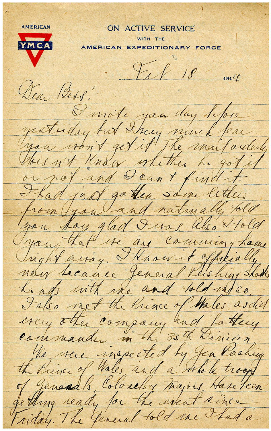 one page of a handwritten letter on YMCA letterhead