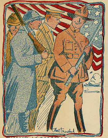 a postcard with an illustration of several soldiers holding guns