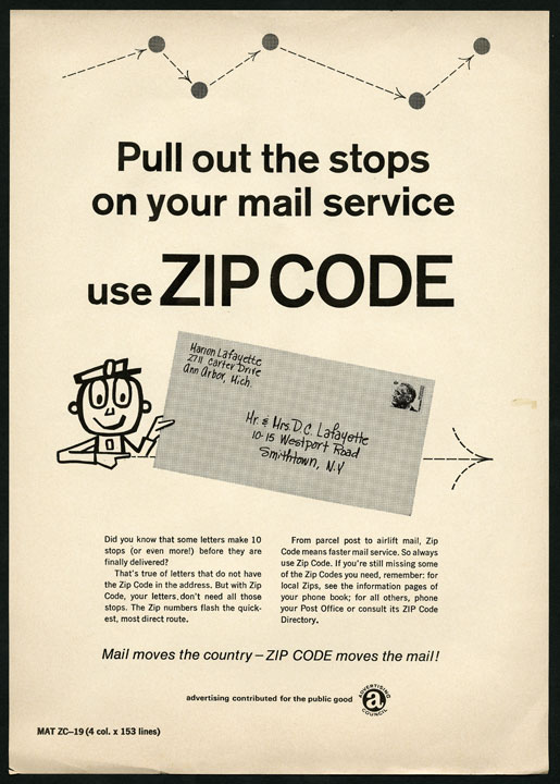 Anuncio "Pull out the stops on your mail service, use ZIP CODE!". Imagen: Museo Postal Nacional de Estados Unidos.