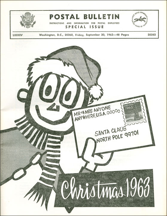 Mr. ZIP, ayudante de Santa Claus, en las Navidades de 1963. Imagen: Museo Postal Nacional de Estados Unidos.