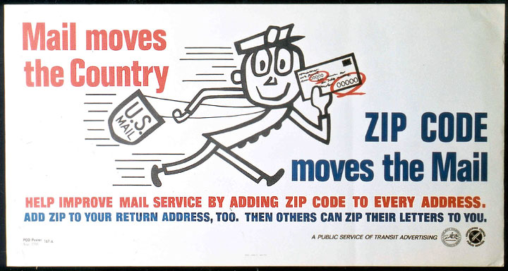 Anuncio del código postal (ZIP code), cuyo protagonista Mr. ZIP aparecía en muchos lugares, como las estaciones de autobús y ferrocarril. Imagen: Museo Postal Nacional de Estados Unidos.