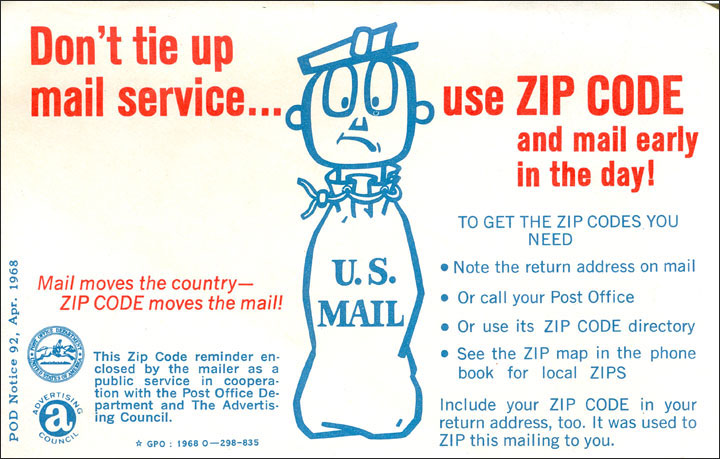 Anuncio “Don't tie up mail service ...use ZIP CODE and mail early in the day!” (1968), para promover la utilización del código postal. Imagen: Museo Postal Nacional de Estados Unidos.