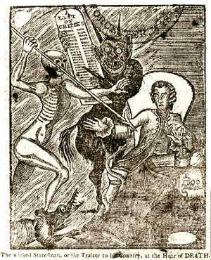 Print of Thomas Hutchinson with Death as a skeleton and the Devil nearby