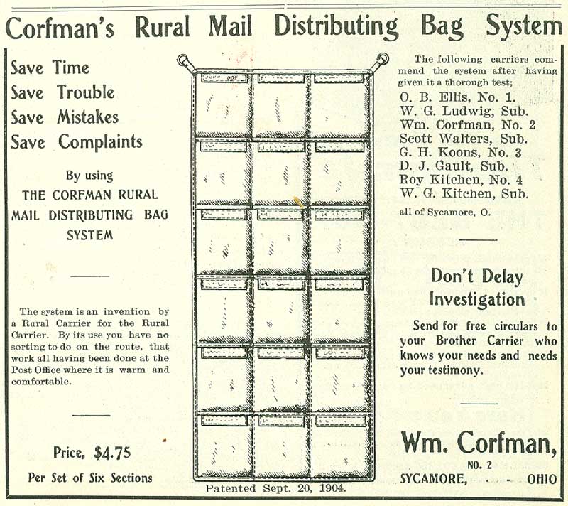 William Corfman distribution bag advertisement