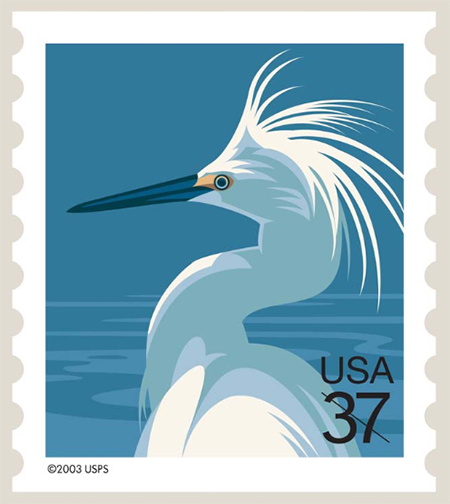 37 cent stamp with an illustrated white bird on a blue background
