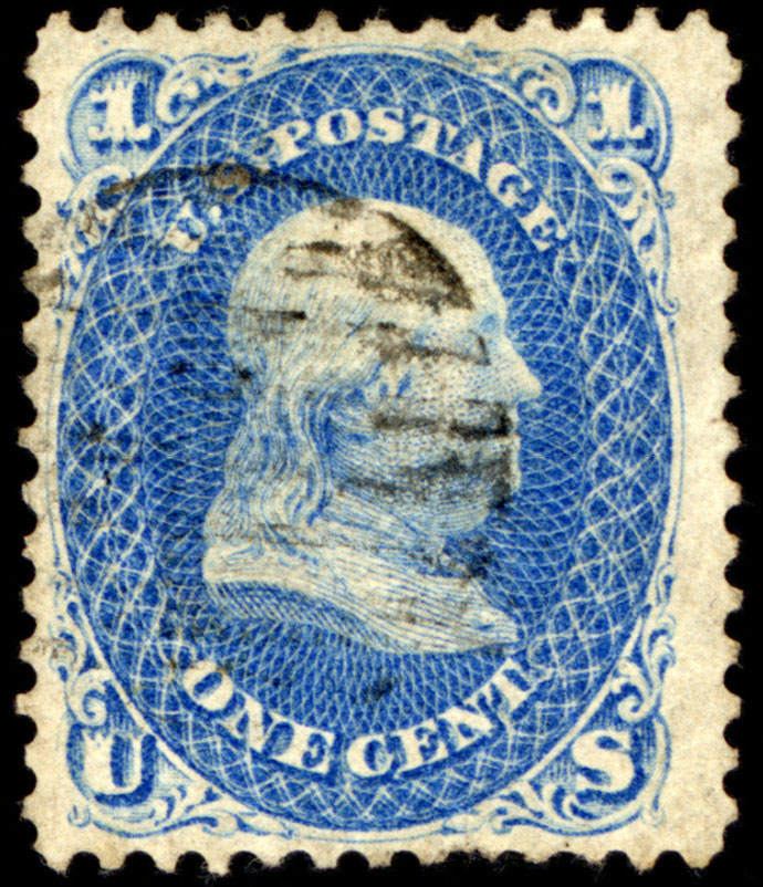 A one cent blue postage stamp with a right profile drawing of Benjamin Franklin.