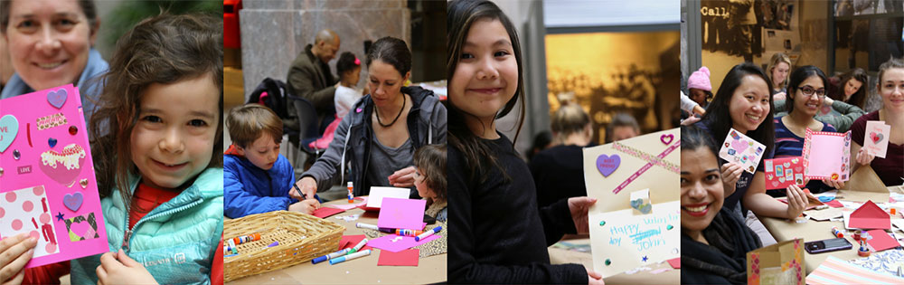 Four photographs of visitors crafting Valentine’s Day cards.