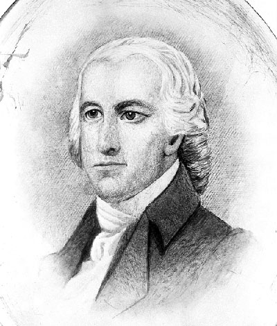 black and white drawing of a colonial man, facing the viewer but not looking at them.